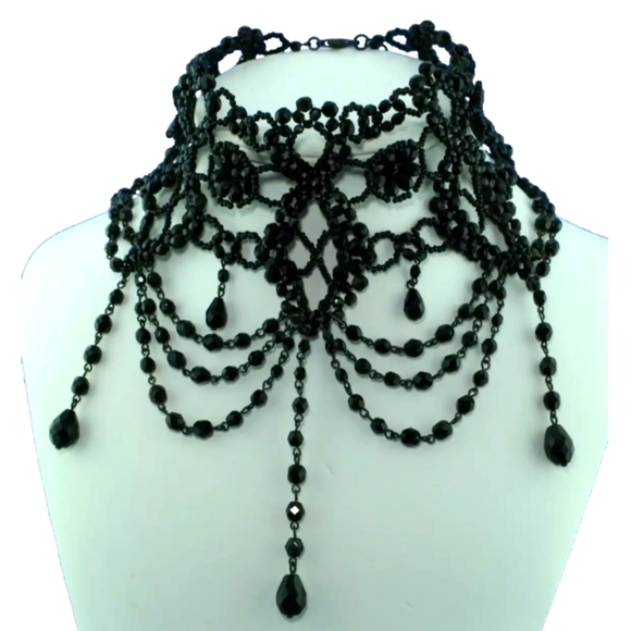 Vintage Jewelry - The Rhinestone Castle Victorian Revival Black Festoon Choker Necklace
